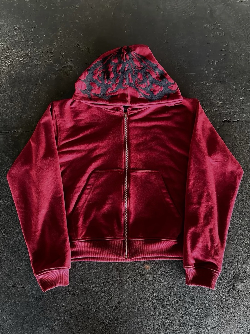 Men's Burgundy Zip Hoodie Jacket with Patterned Hood